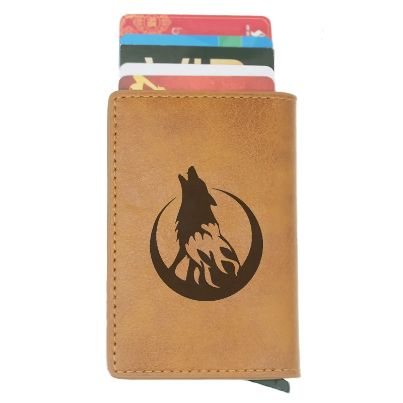 

Wolf screaming under the moon Rfid Card Holder Men Women Wallets Vintage Short Purse Leather Slim Wallets Mini Wallet Gifts