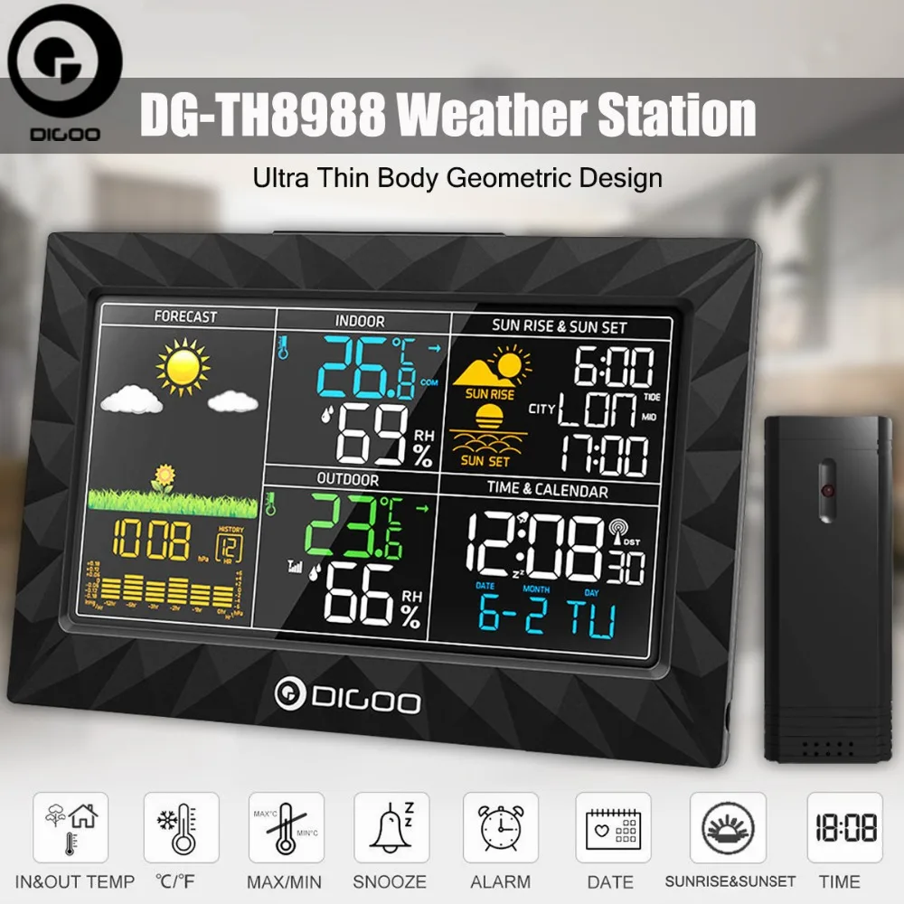 DIGOO DG-TH8988 Метеостанция рассвет закат дисплей открытый Крытый термометр гигрометр Температура Влажность Дистанционный датчик