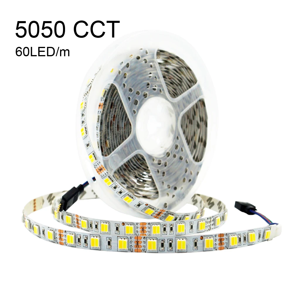 

LED 5050 CCT Strip Light 5m DC 12V Flexible Tape 60LED/m Warm Natural White DC12V Waterproof 300 LED Pixels Home Decoration