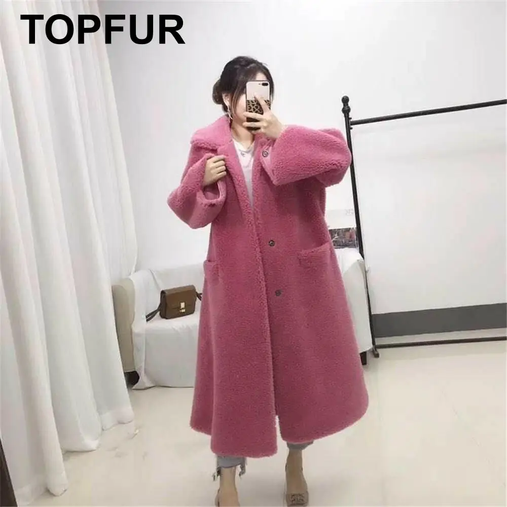 TOPFUR новые модные розовые шерстяные частицы пальто для женщин зимнее женское длинное пальто с карманами пальто из натурального меха с воротником с лацканами