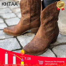 Женские ботинки до середины икры; Женская обувь в ковбойском стиле на толстом каблуке с острым носком; женская модная удобная обувь из мягкой кожи с вышивкой