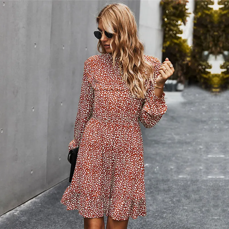 

Autumn Winter Elegant Slim Print Dress Women 2020 New O Neck High Waist Full Sleeve Dress Female Office Lady
