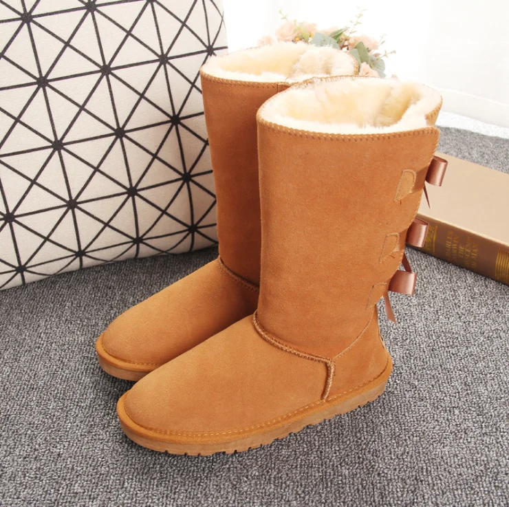 

HOT Australia Style Women Snow Boots 3-Bow Decoration Genuine Cowhide Leather Long Boots Brand Ivg Black Chestnut Grey