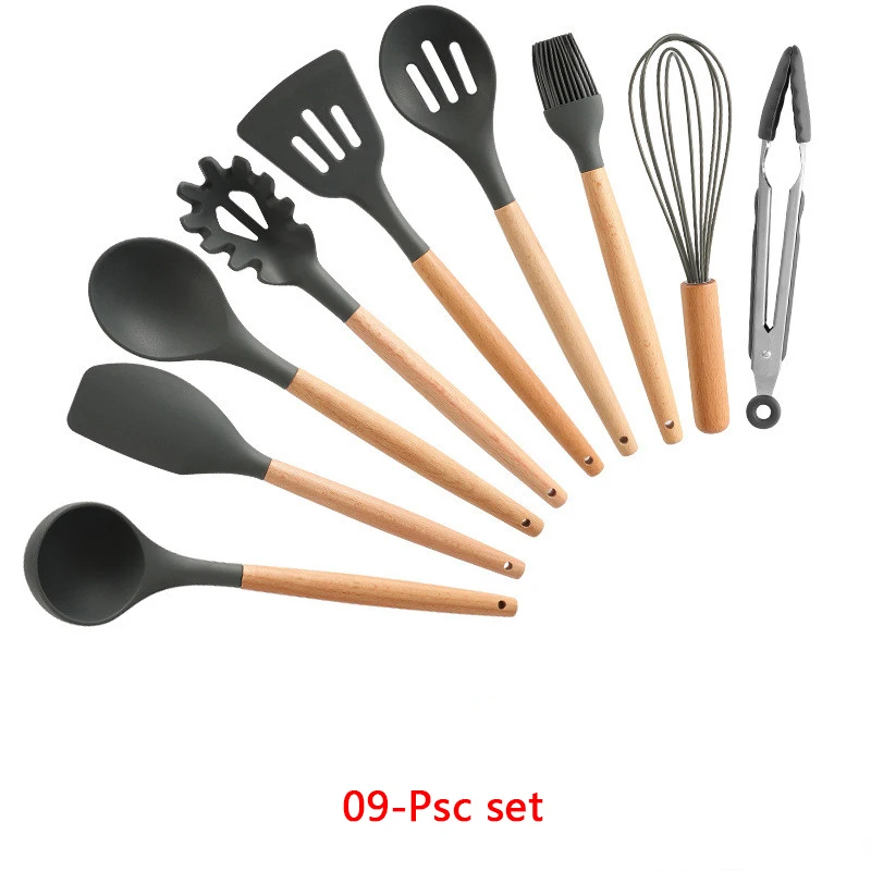 9-Pcs kitchen set Силиконовые набор для кухни 11/12/13 шт, кухонный набор,набор кухонных принадлежностей, антипригарным,деревянной с лопатки, ложка,половник,Кухня инструменты,кухонная утва,серый,кухонные принадлежности из силикона - Цвет: 9-Pcs kitchen set