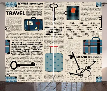 

Old Newspaper Window Curtains Retro Styled Travel Vacation Theme Vintage Suitcases Keys Dot Text Living Room Decor Bedroom Black