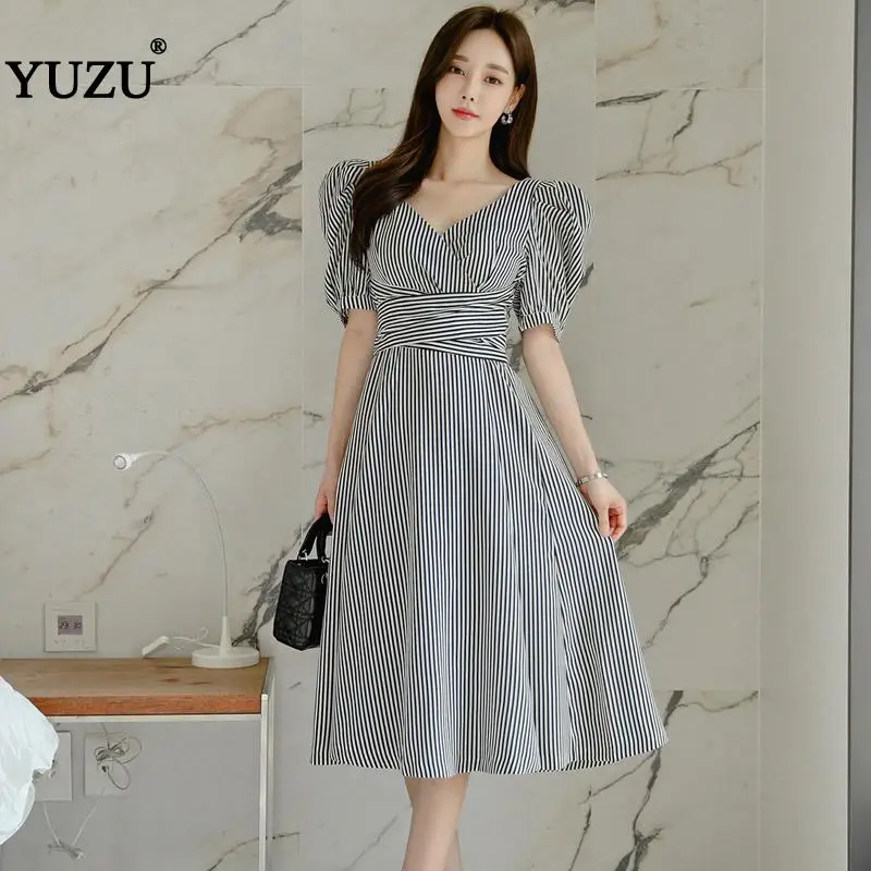 

Office A-line Striped Long Dress Summer 2020 Casual Work V Neck Draped Short Puff Sleeve Lace-up Mid-calf Swing Dresses