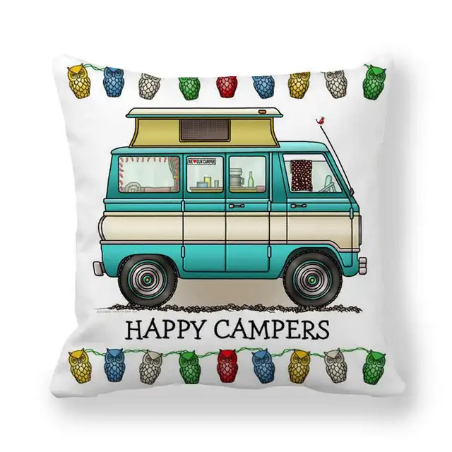 Happy Camper Pillow Case Owl Camper Throw Pillow Case Cover Decorative