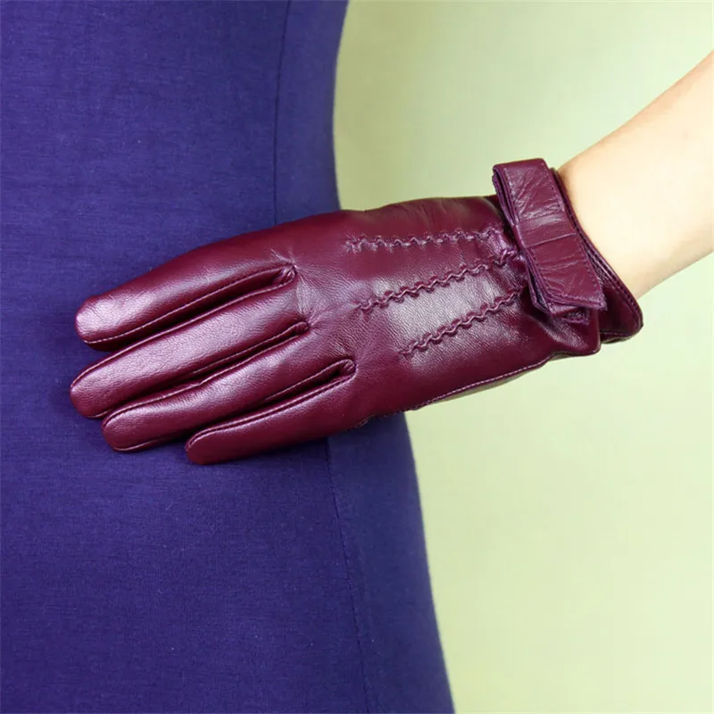 Wine Red Silky Мужские перчатки из натуральной кожи женские наручные часы с узлом-бабочкой перчатки из овечьей кожи осень-зима с вельветовым уплотнителем, женские перчатки DQ1602 - Цвет: Wine Red Silky