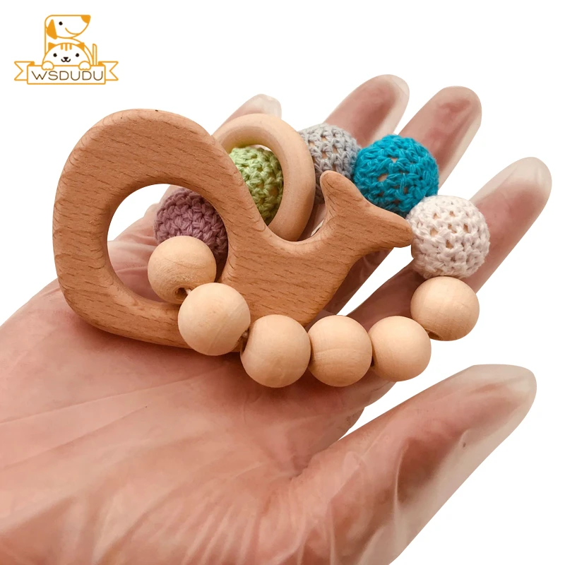 Ideal  Teethers Wooden Baby Toys Heart Star Whale Camera Wool Knitting Beads Wood Molar Teeth Rattle Safe 