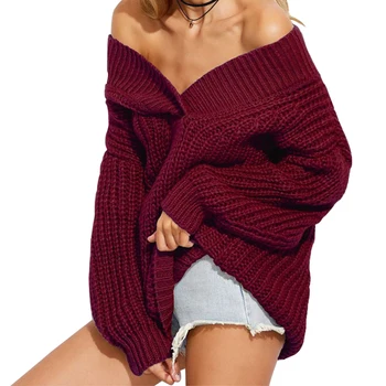 

Winter Warm V Neck Knitted Sweater Jumper Women Thick Long Sleeve Pullover Pull Femme Sexy Off Shoulder Black Sweater