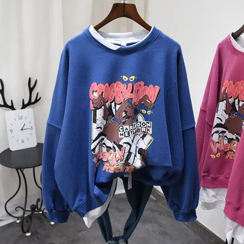 

2020 Spring New Sweatshirt Women's Round Neck Pullover Shirt Loose Cartoon Print Students' Holes Large Size Hoodie Tops