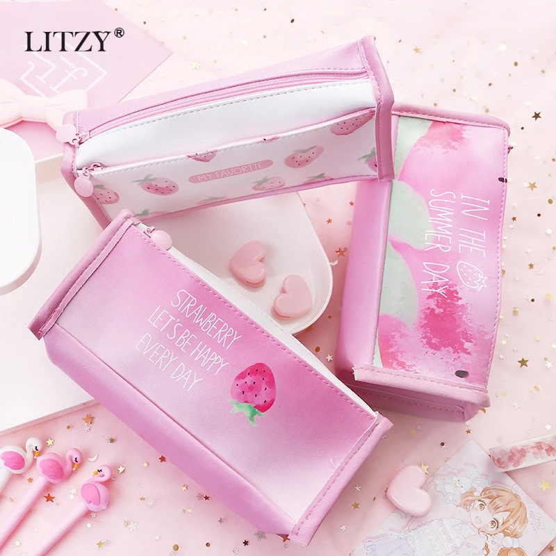 Kawaii PU большой чехол для карандашей клубника студенческий подарок школьная