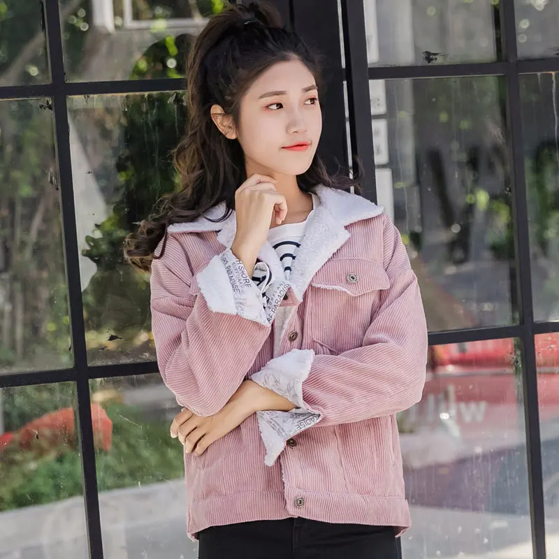 

Photo Shoot 2019 Autumn And Winter Korean-style BF Style Loose-Fit Dehaired Angora Corduroy Coat Women's Brushed And Thick Lambs