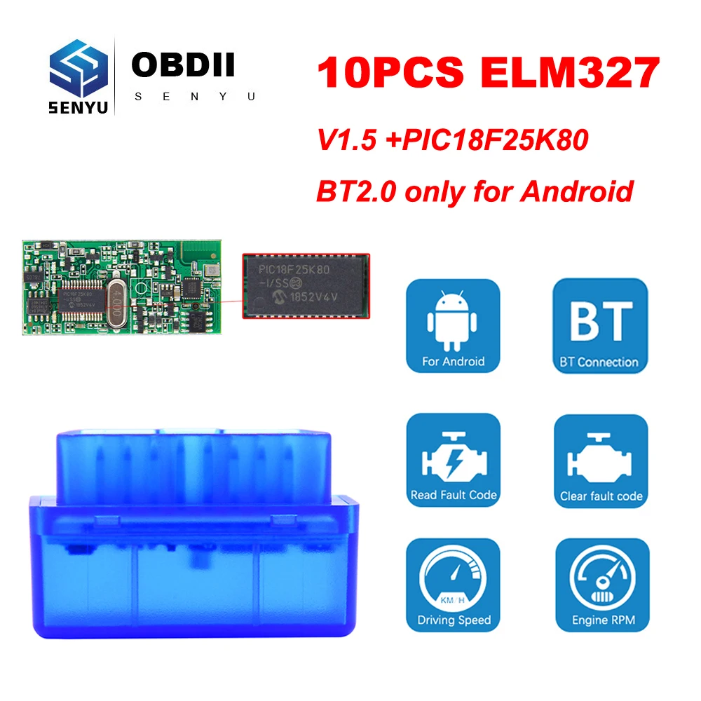 Диагностический сканер OBD2 10 шт. ELM327 V1.5 PIC18F25K80 elm 327 v1.5 для Android/ПК Bluetooth OBD 2