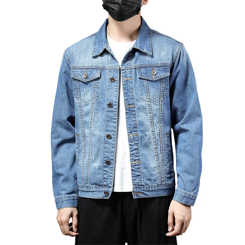 Light Blue Denim Jacket for Men Fashion Slim Long-sleeved Lapel Coat Single-breasted Youth Student Fashion Upper Outer Garment laser electronic theodolite upper and lower laser high precision mapping instrument green light tripod