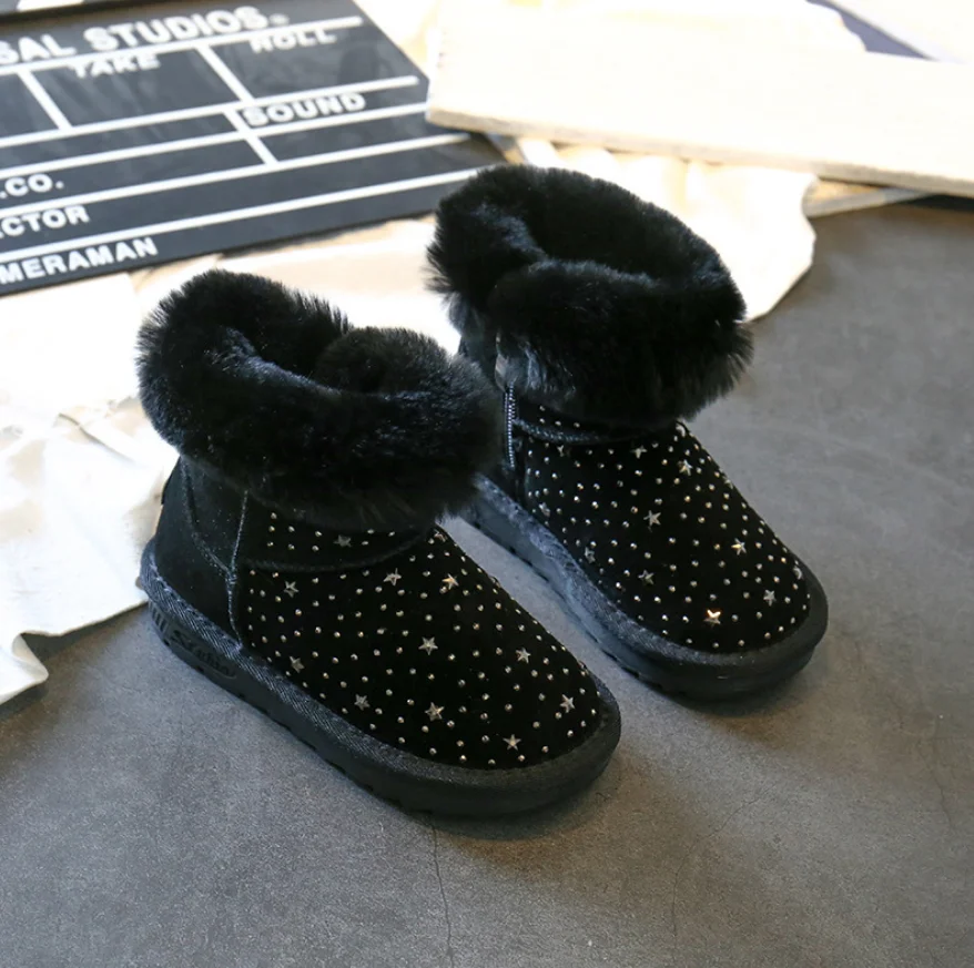 winter kids snow boots baby girls crystal shoes genuine leather fur pink ankle boots school children warm plush boots