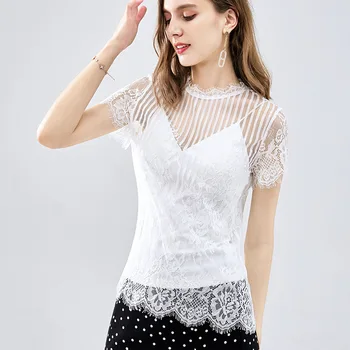 

2020 women Lace blouse female summer black short-sleeved hook flower hollow sexy bottoming shirt thin