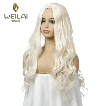 

WEILAI white Wavy Wig Long Natural Wave Curly Middle Part Wig 25 inch None-Lace Synthetic Costume Cosplay Party Wigs
