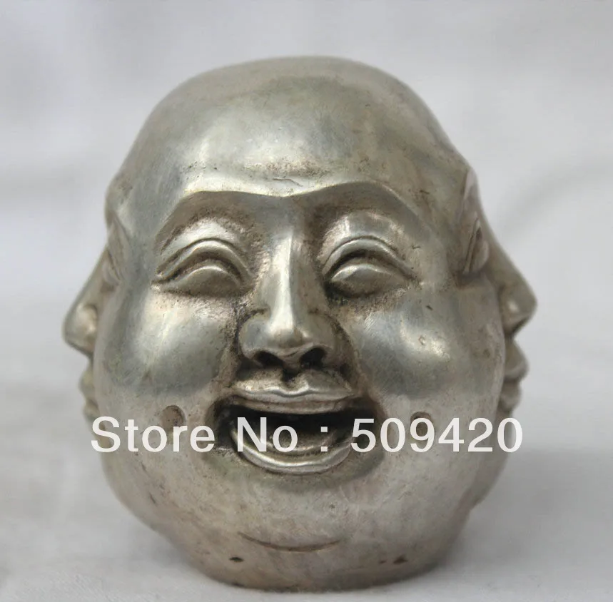 8" China silver Four Sides Happiness Anger Sad Happy Maitreya Buddha Head Statue 