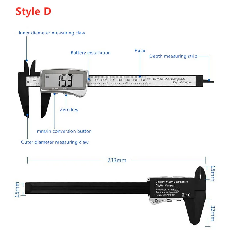 Полноэкранный Электронный штангенциркуль 0-150 мм светодиодный электронный цифровой штангенциркуль микрометр измерительный инструмент цифровая линейка Blac - Цвет: Style D