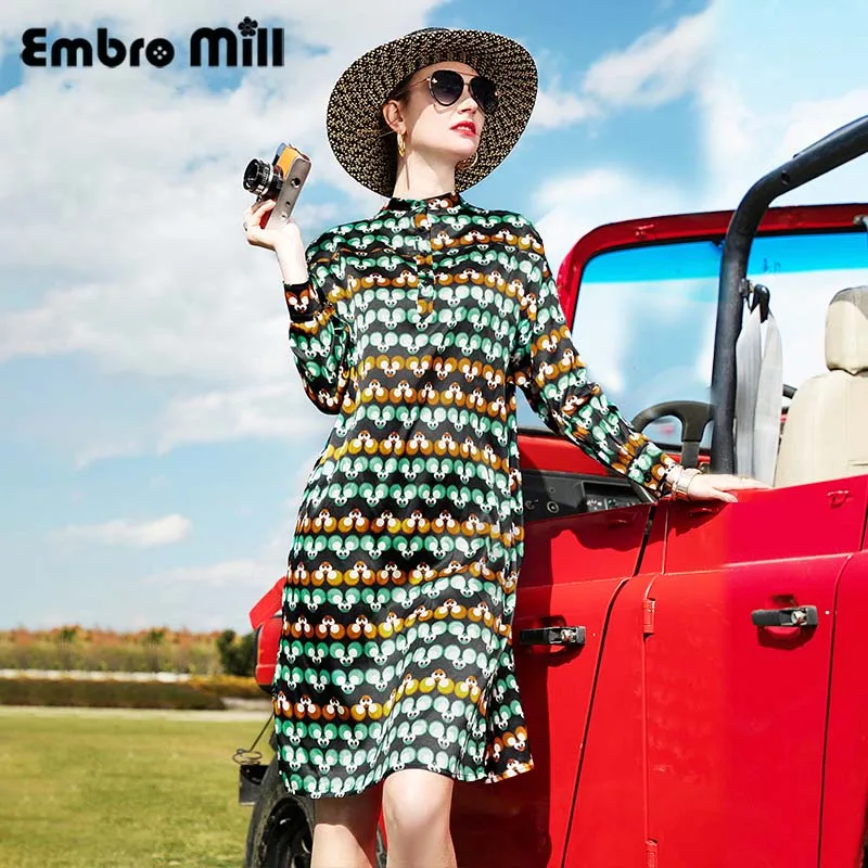 

High Quality Stand-up Collar Silk Print Dress Female Spring And Summer New Street Style Long-Sleeved Loose A-line Dress S -XL