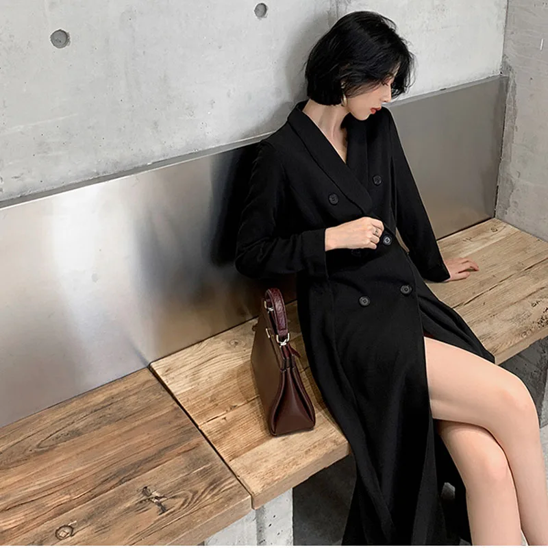Элегантное двубортное женское черное женское платье офисное платье Блейзер платья плюс размер осеннее винтажное женское вечернее платье костюм