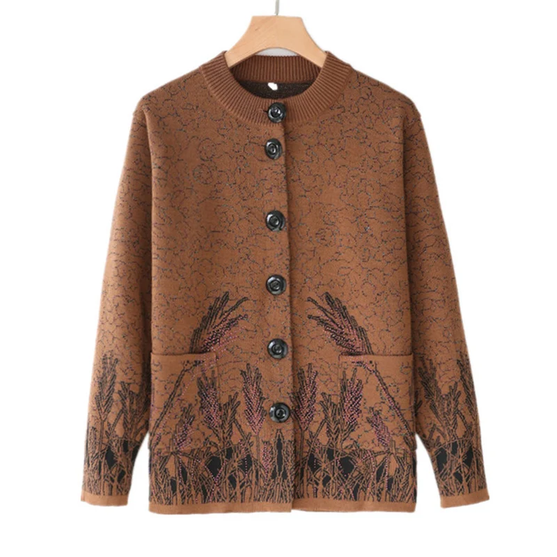 

2019 Spring autumn knit sweater middle aged women print long sleeve single-breasted cardigan jacket female Plus size 4XL A2932