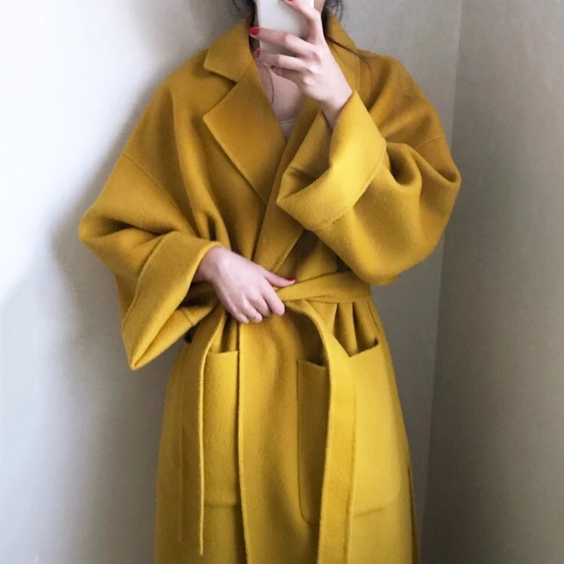 Корейское шерстяное пальто для женщин с поясом тонкий отложной воротник средней длины шерстяные пальто Новинка Осень Зима Женская Желтая верхняя одежда Mujer
