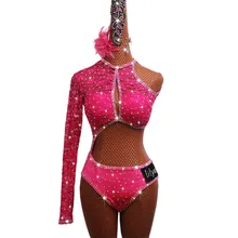 Латинские танцевальные костюмы для выступления Розовый Высокий разрез Асимметричная танцевальная юбка Восточное танцевальное соревновательное платье