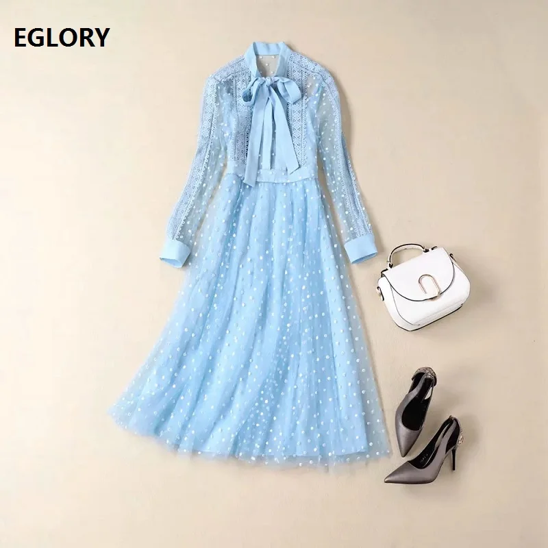 

Elegant Work Dress 2019 Autumn Fashion Party Blue Dress Ladies Bow Collar Sexy Sheer Mesh Lace Patchwork Midi Long Sleeve Dress