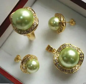 

Elegant 10mm &14mm Green South Sea Shell Pearl NEW Earrings Pendant Ring Set AAA style Fine Noble real Natural good