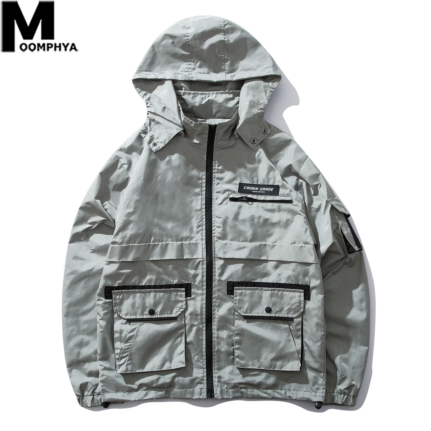 Moomphya Front Pocket Jacket Men Streetwear Hooded Windbreaker Coat 2019 Autumn Men's Casual Male Fashion Tops | Мужская одежда