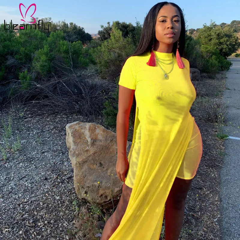 

2019 New Women Summer Mesh See Through Sexy High Split X-long Tee Tops & Shorts Suits Two Piece Set Sexy Club Night Tracksuits