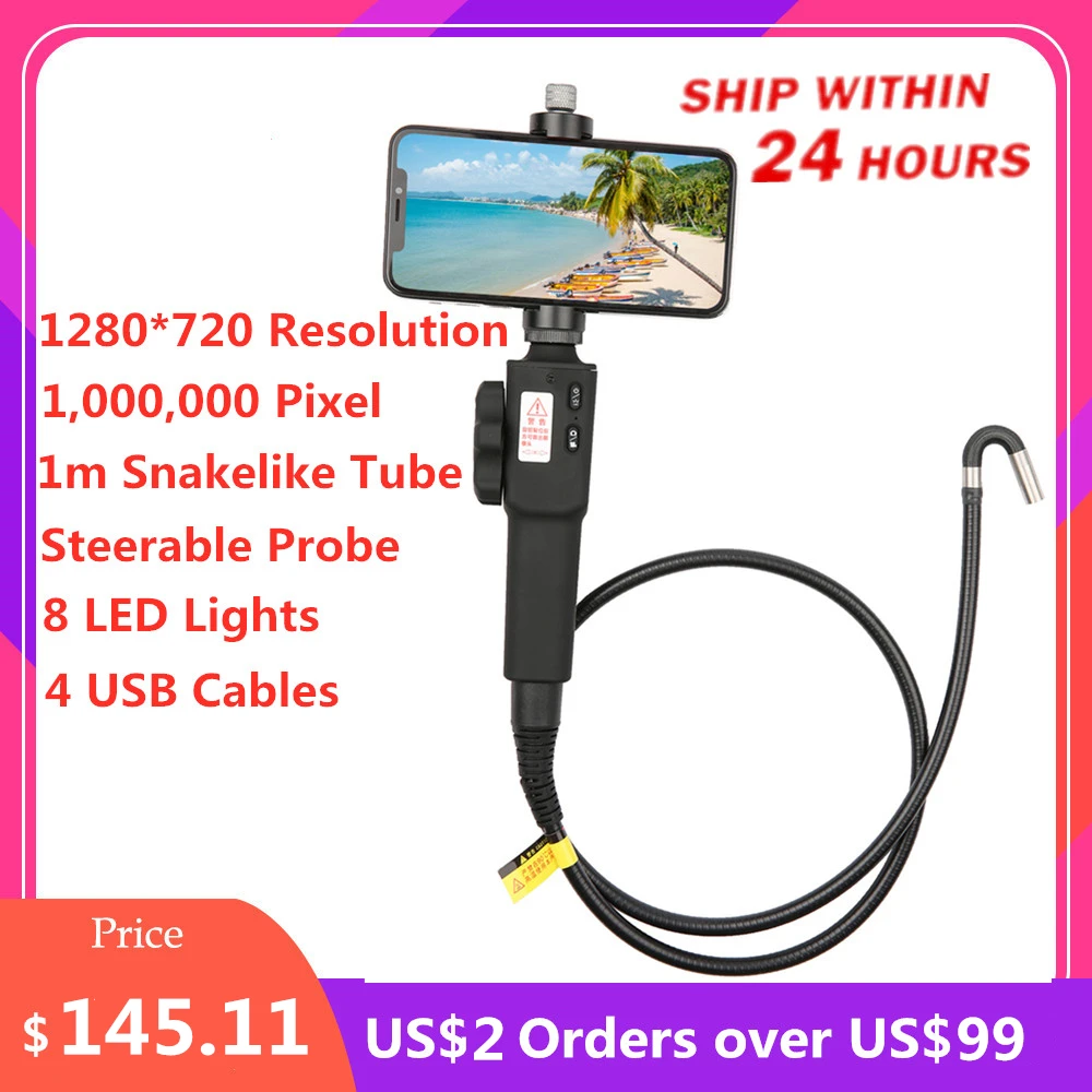 Endoscopio de dirección para toma de fotos y grabación de vídeo, endoscopio orientable Industrial con tubo tipo serpiente de 1m, lente de 8,5/5,5mm