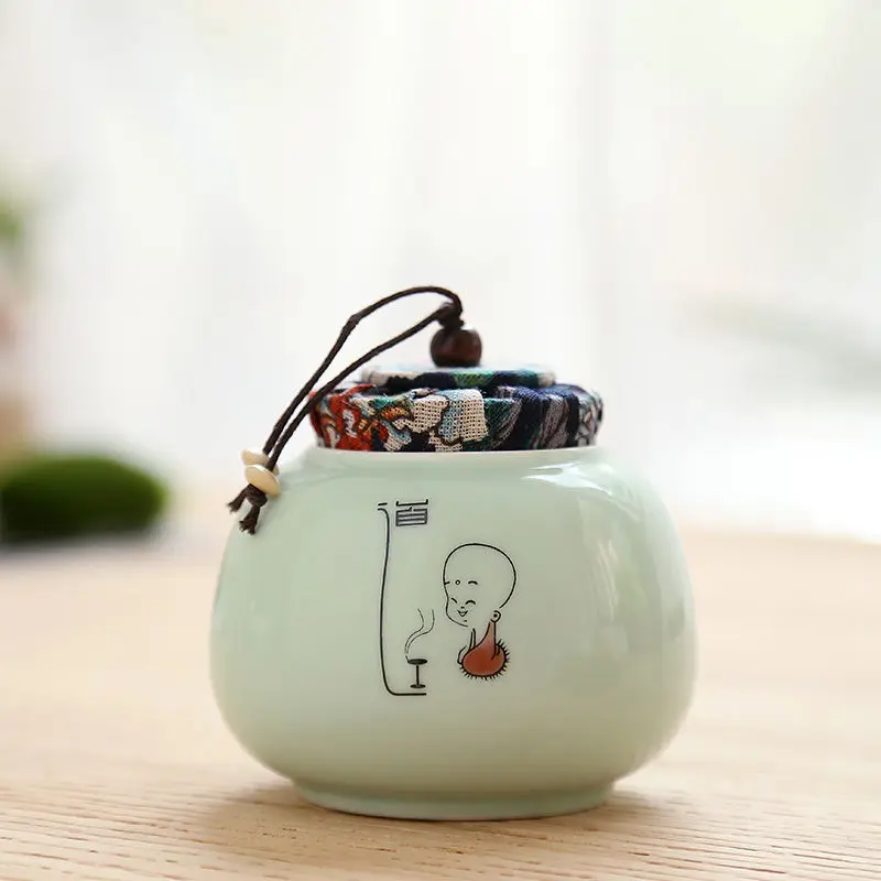 qingci dao Small Kitchen Tea Storge Jar Traditional Chinese Tea Box Porcelain Pu'er Tea Cans Ceramic Sealed Spieces Canister Office Teaware - Цвет: qingci dao