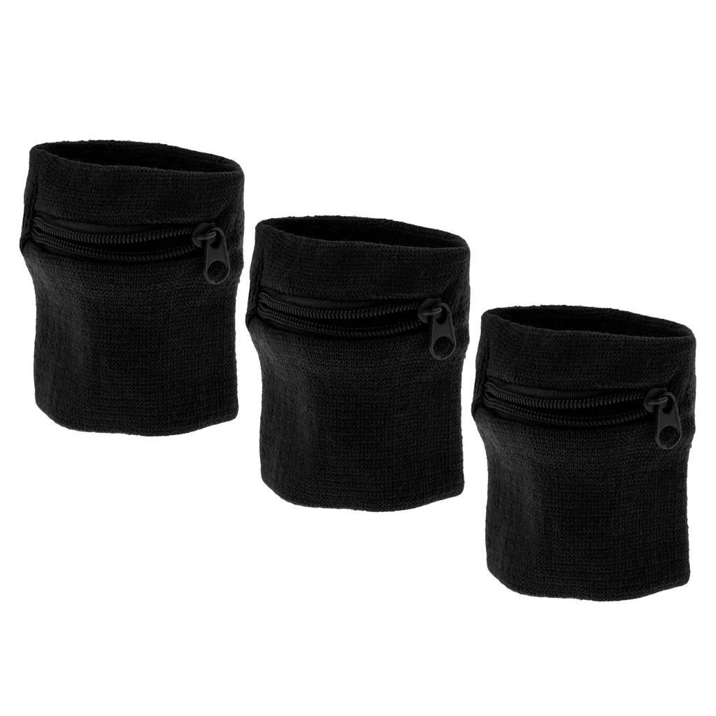 3 шт спортивные браслеты Sweatband карман бумажник на молнии-черный