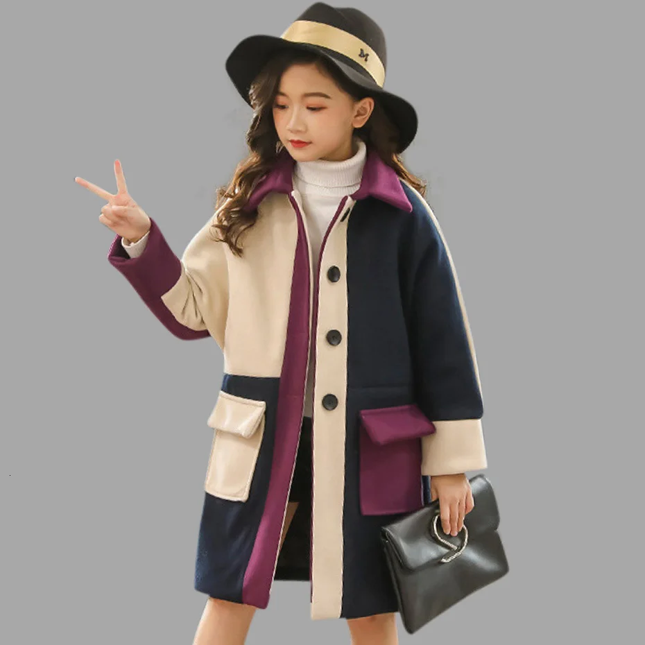 Girls coat spring coat girls patchwork color long coat girls coat 6 8 12 14 autumn