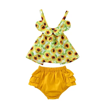 

2Pcs Baby Girls Outfit Summer Sunflower Print Sleeveless Top Solid Shorts Set Toddlers Clothes