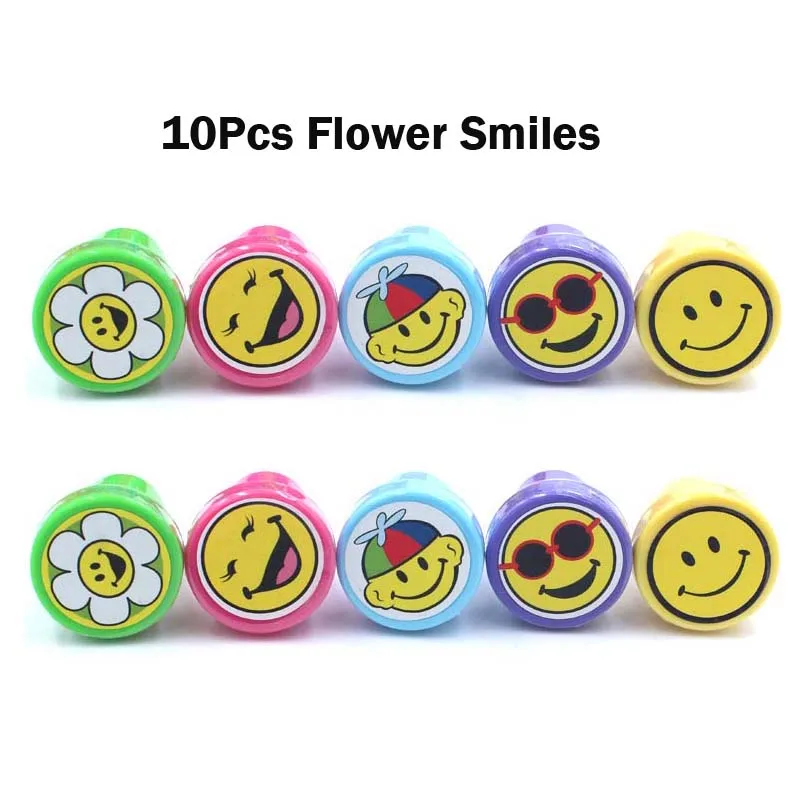 10 шт самочернильный штамп для детской вечеринки сувениры для мероприятий для дня рождения Игрушки для мальчиков и девочек Сумка для вещей наполнители для пиньяты - Цвет: 10Pcs Flower Smiles