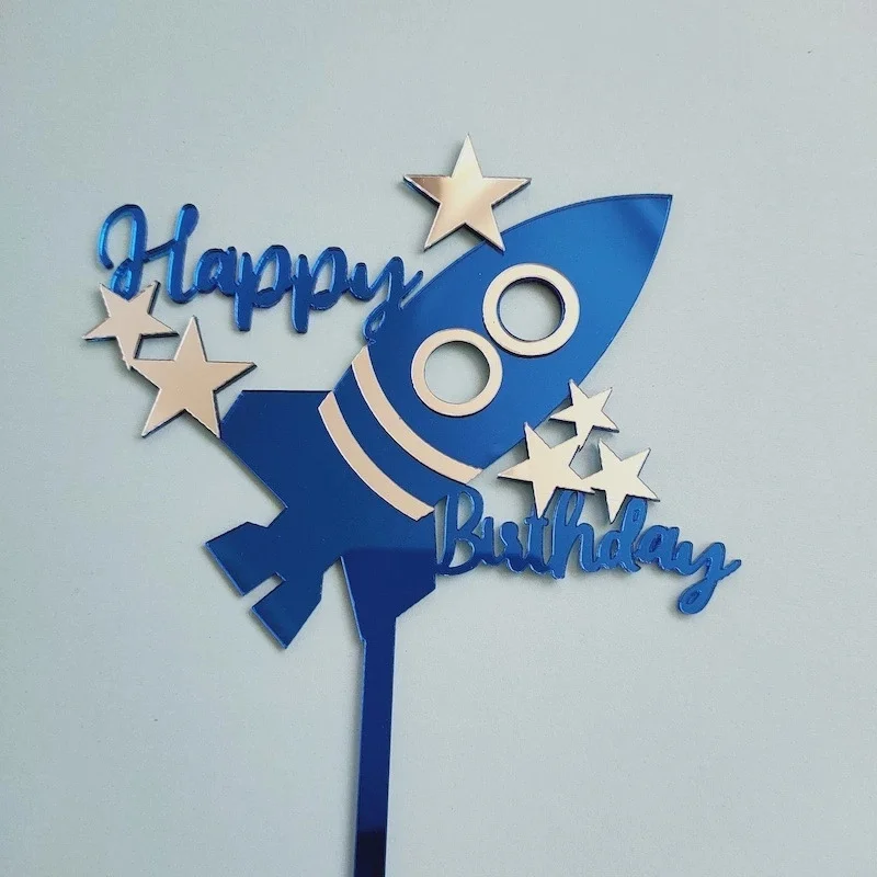 1pcs Double Layers Acrylic Space Theme Rocket Happy Birthday Cake Topper Kids Birthday Party Decoration Supplies Boy Favors