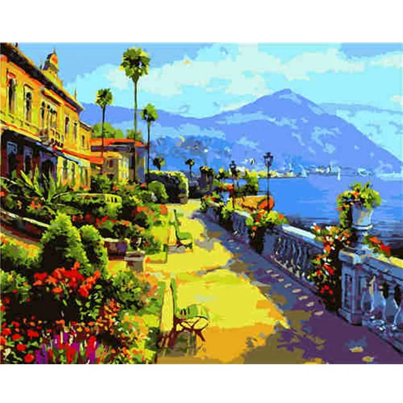 

DIY Frame Oil Painting Seaside Villa Scenery Pictures By Numbers Hand Painted Canvas Paintings For Living Room Wall Art