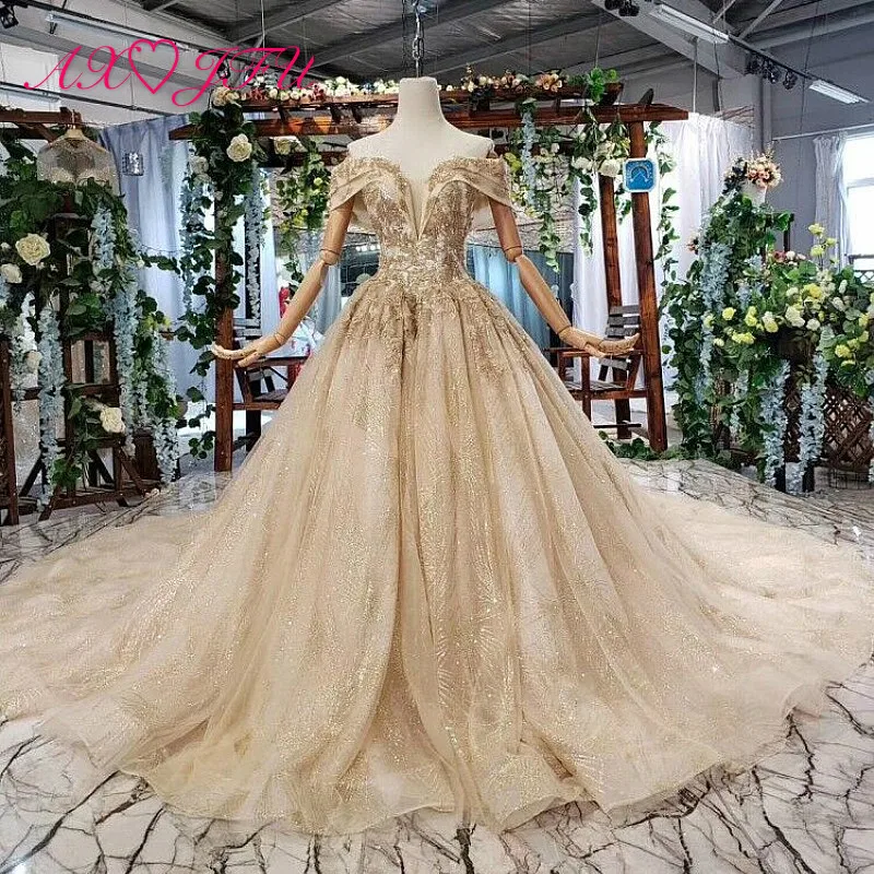 AXJFU Luxury princess golden flower lace boat neck beading crystal sparkly star bride tail wedding dress real photo 11669