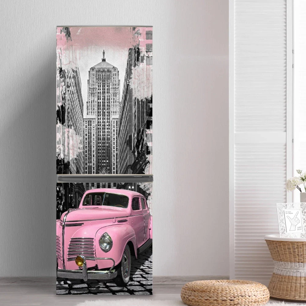 3D Pink Girl Refrigerator Sticker Door Cover Renovation Adhesive Vinyl Fridge Stickers Wallpapers Mural Art Decal Kitchen Decor 