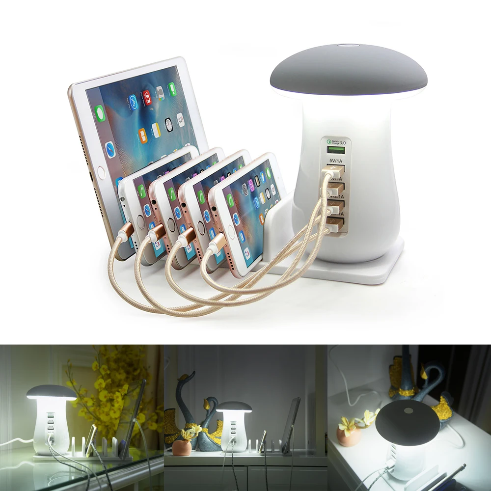 

LWARML new Mushroom Night Light Button mode/Touch mode 3.0 USB Charger Hub 5 Port Adapter Phone Charging LED Mushroom Desk Light