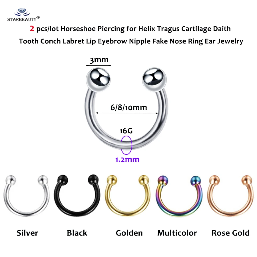 2pcs 16G 316L Surgical Steel Horseshoe Circular Earrings – Tragus, Labret, Septum With 2.5mm Balls