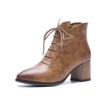 

Kmeioo Genuine leather Rough Heel Lace-up Women Boots Pointed Toe High Heel comfortable causal Boots Fashion Women's Boots 6cm