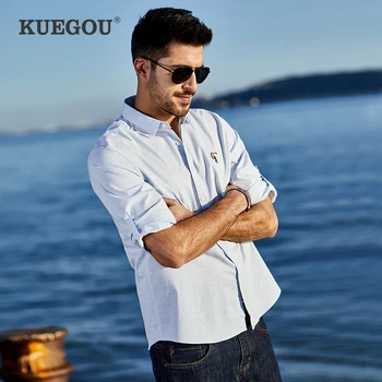 

KUEGOU 2020 Summer Cotton Striped Embroidery Blue Shirt Men Dress Casual Slim Fit Streetwear For Male Fashion Brand Clothes 8205