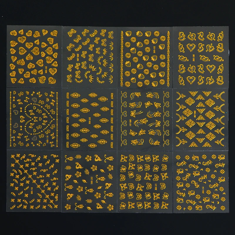 30 шт золотые, серебряные 3D наклейки для дизайна ногтей, полые наклейки, смешанный дизайн, клей для ногтей, цветы, наклейки для ногтей, буквы, бабочки, бумага для ногтей