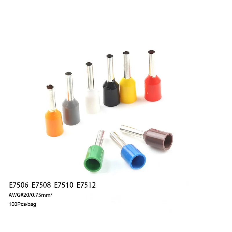 100pcs/pack E7506 E7508 E7510 E7512 Insulated Ferrules Terminal Block Cord End Wire Connector Electrical Crimp Terminator