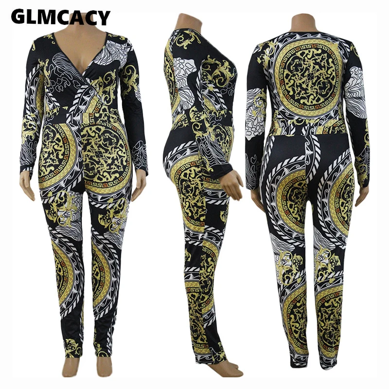 Women Vintage Print Long Sleeve Bandage Jumpsuit Sexy Plunge V Neck Autumn Night Club Overalls Outfits